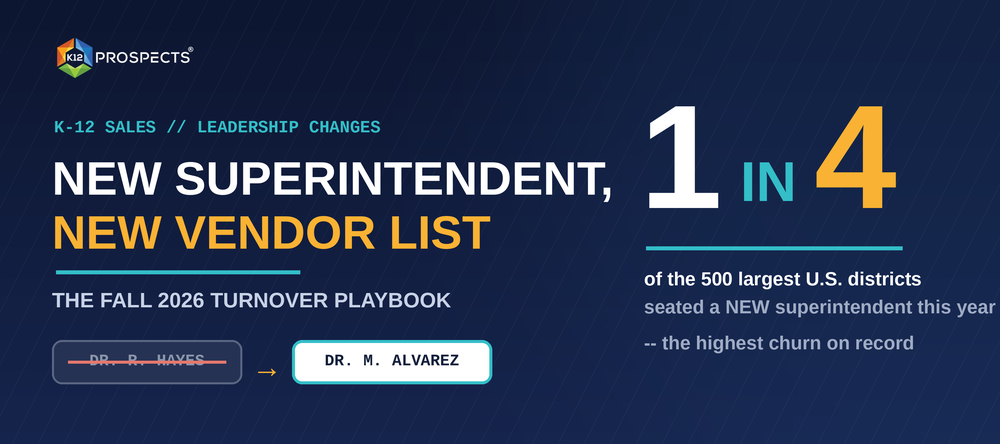 New superintendent, new vendor list - the Fall 2026 K-12 turnover playbook: 1 in 4 of the 500 largest districts seated a new superintendent